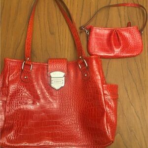 Liz Claiborne Red Crocodile Embossed Tote Set